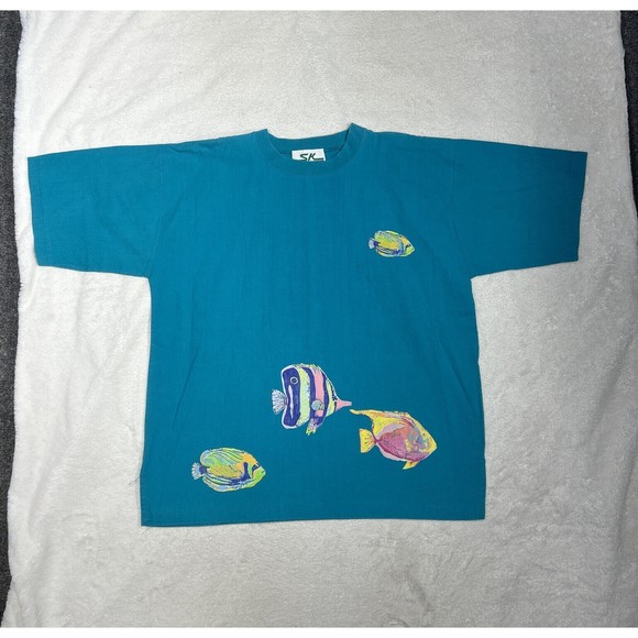 Vintage SK Sport  Fish Painted Lagenlook Oversized Boxy Size Large Teal T-Shirt - Picture 1 of 7